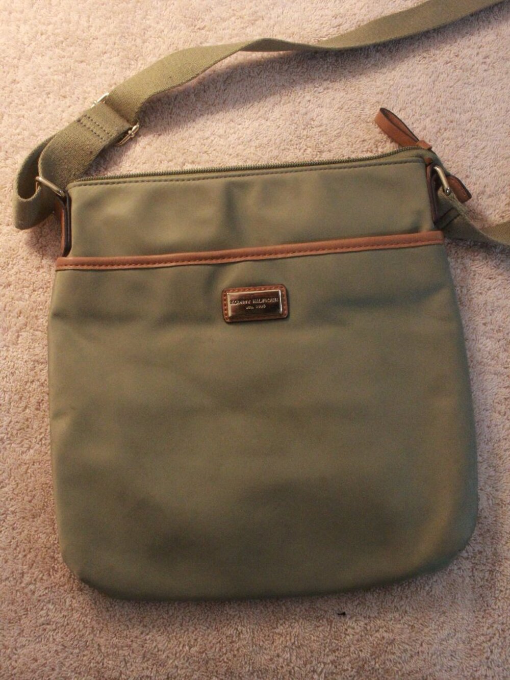 Title: Tommy Hilfiger Olive Green Crossbody Bag with Brown Trim